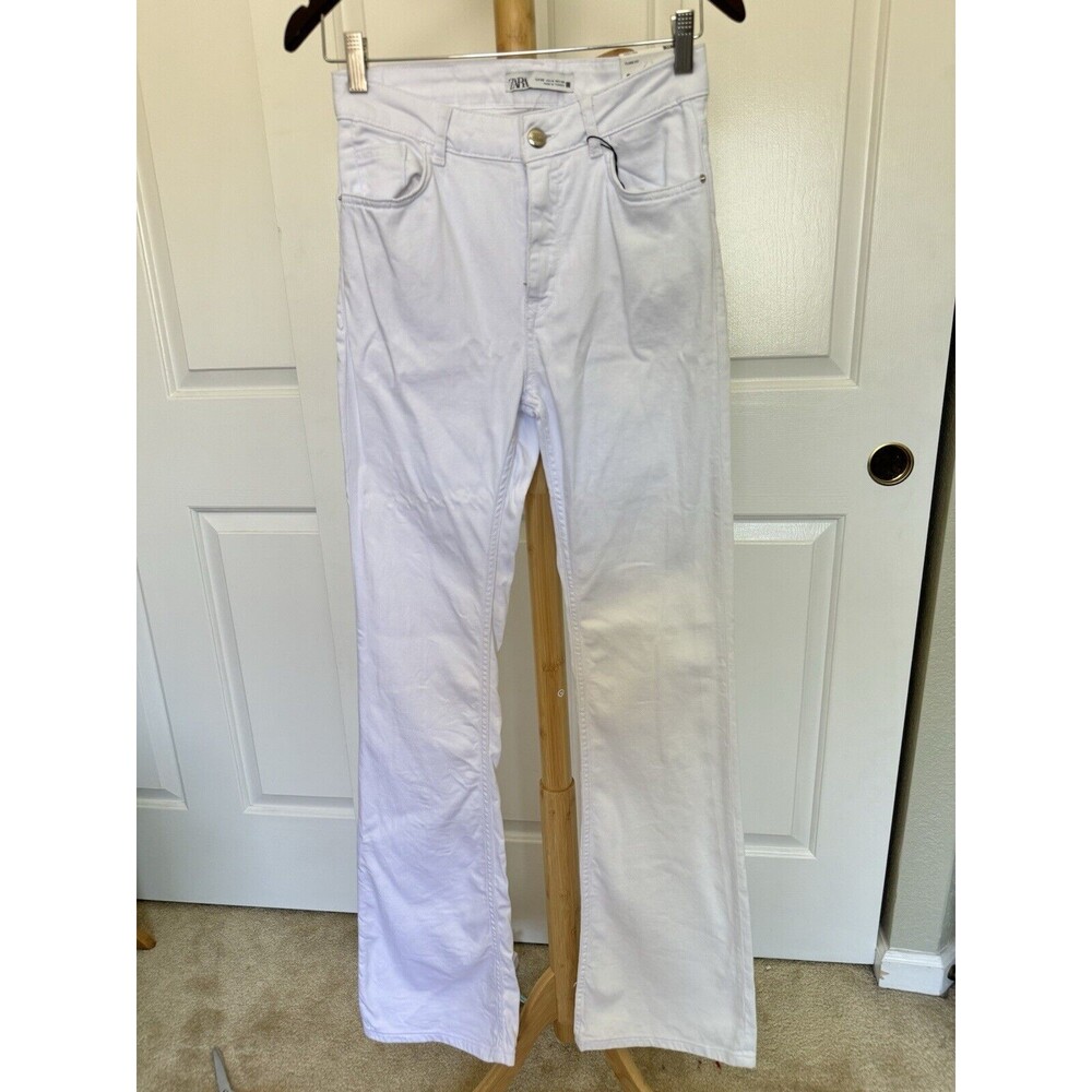 NWT Zara Jeans Womens Size 4 White Flare Leg Long Cotton Blend Denim High Rise